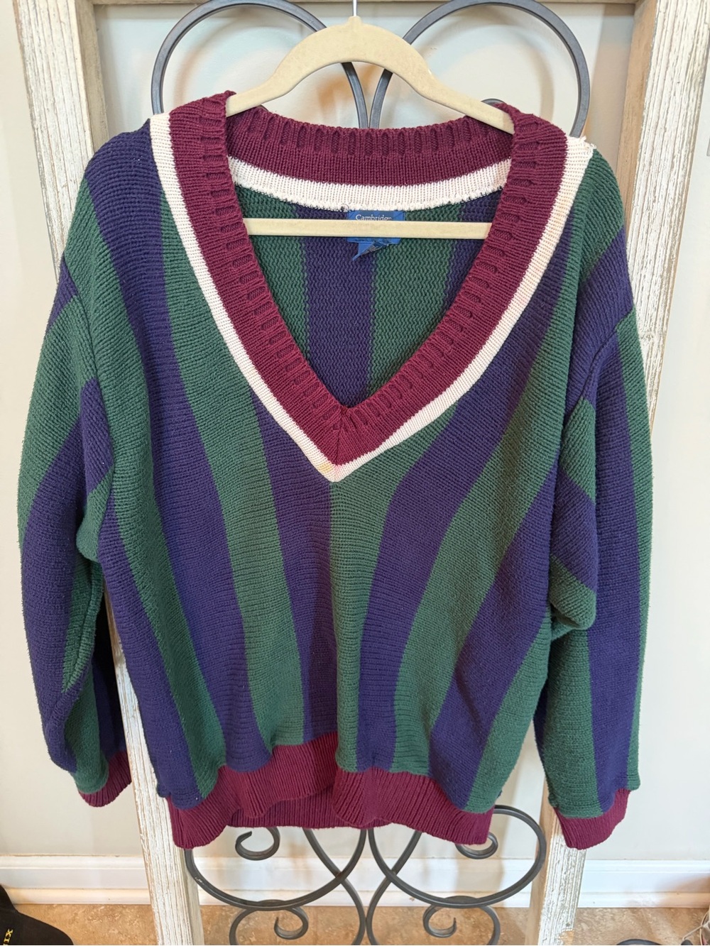 Vintage Cambridge Classics Cotton V-Neck Sweater Green Navy Burgundy Striped M